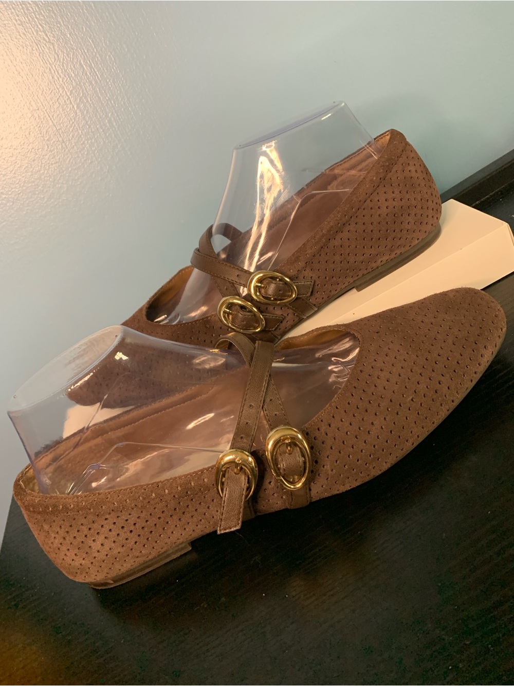 Dolce Vita Brown Suede Perforated Mary Jane Flats with Cross Strap - Picture 2 of 5